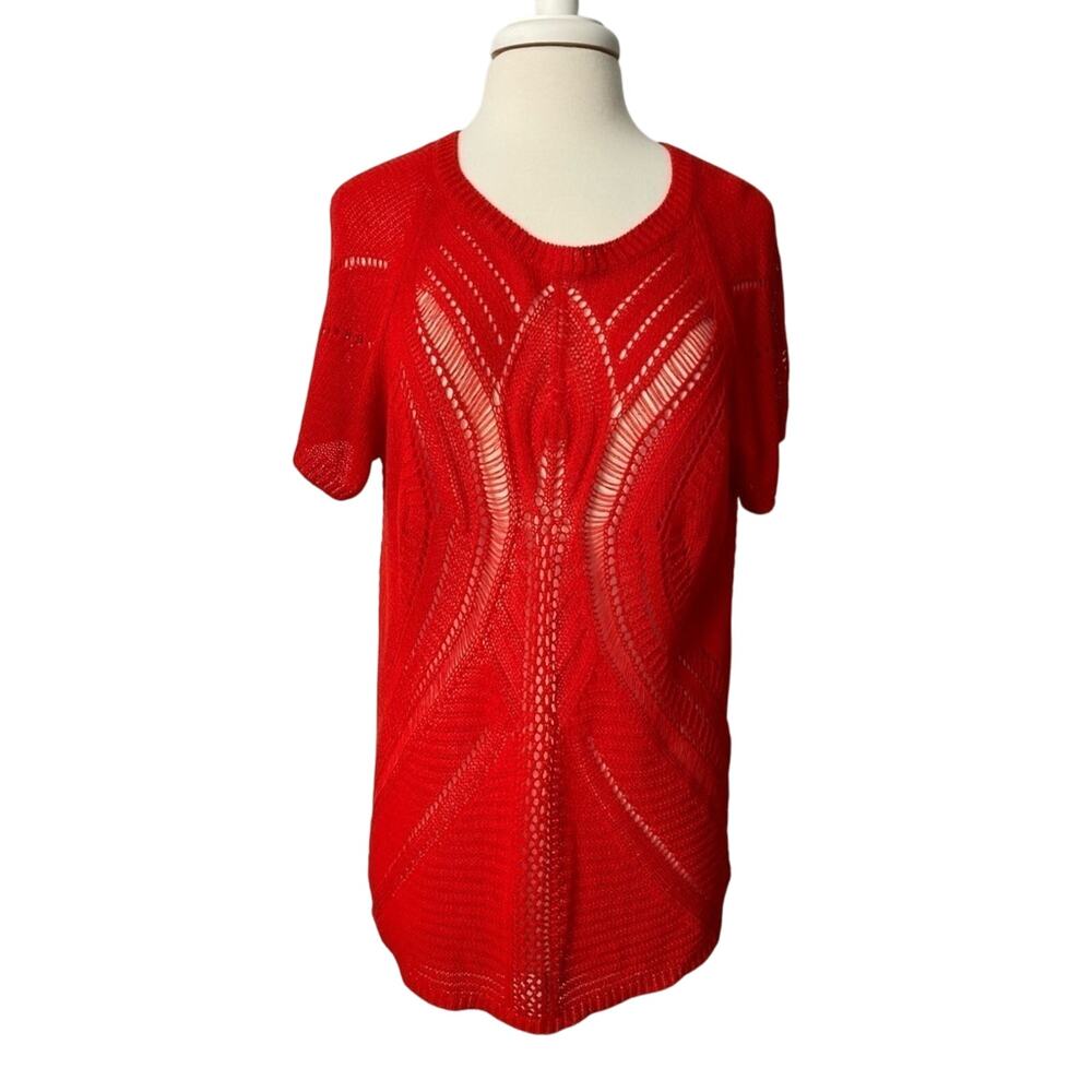 Fever Women's XL Boho Chic Open Knit Red Pullover Raglan Short Sleeve Sweater